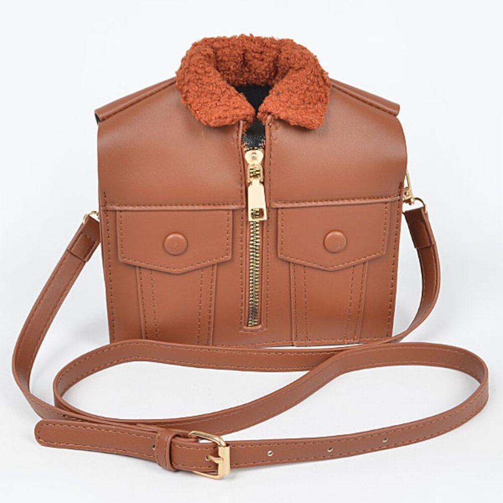 Leather Jacket Shaped Crossbody Bag/ Faux Fur & Leather Coat Purse - Brown NWT